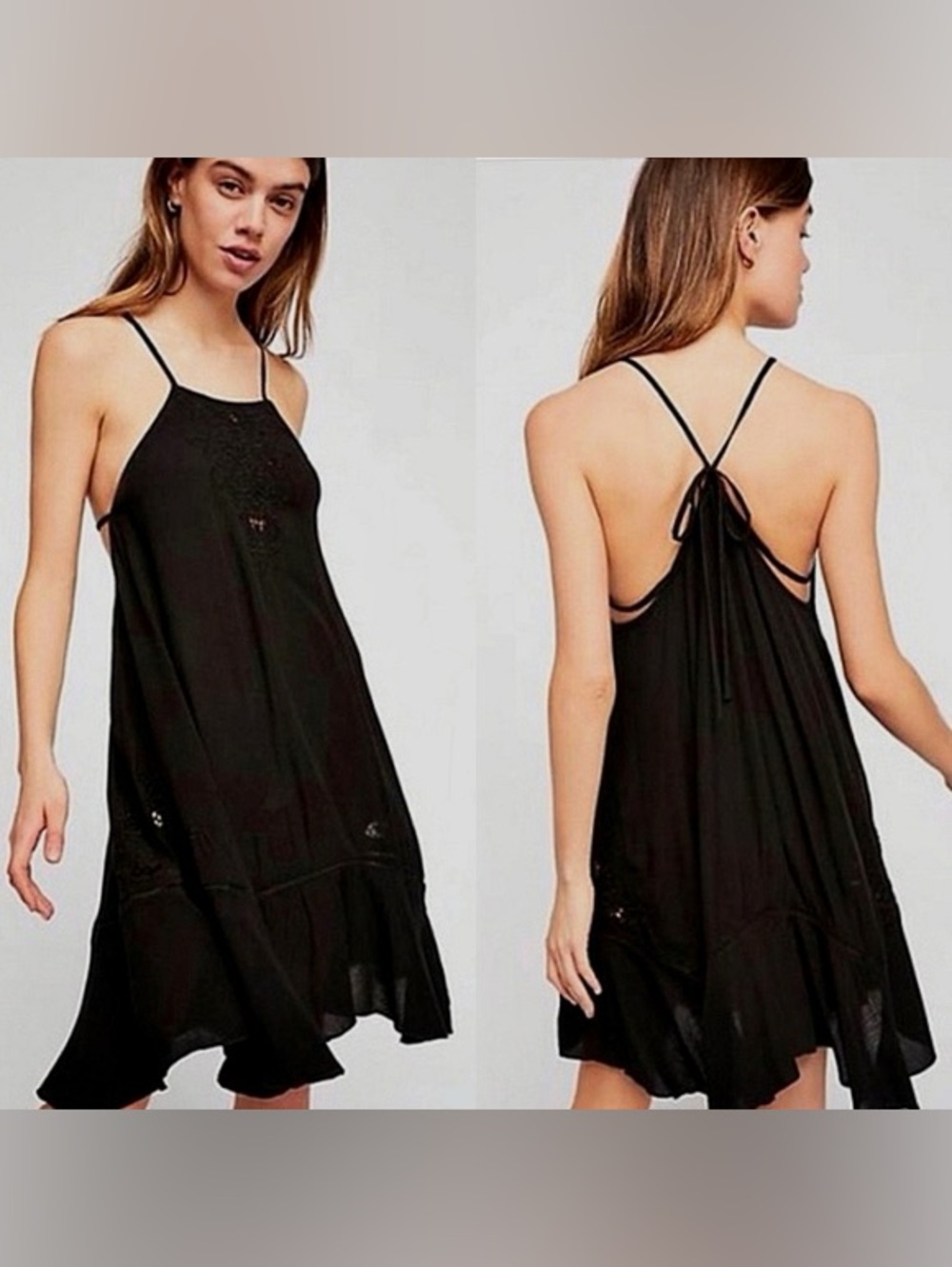 Free People Heat Wave black tunic swing Summer dress Embroidered boho XS S